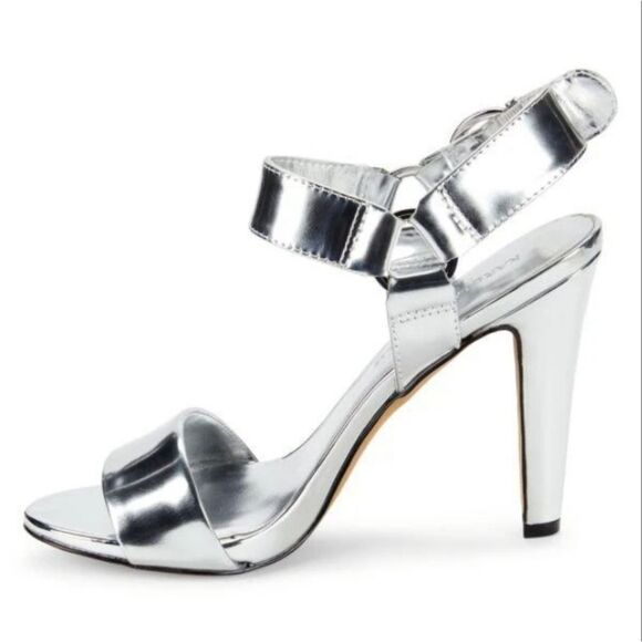NWT Karl Lagerfeld Cieone Metallic Silver Lame Strappy Heel Sandal Size 7.5 9 - Picture 2 of 12